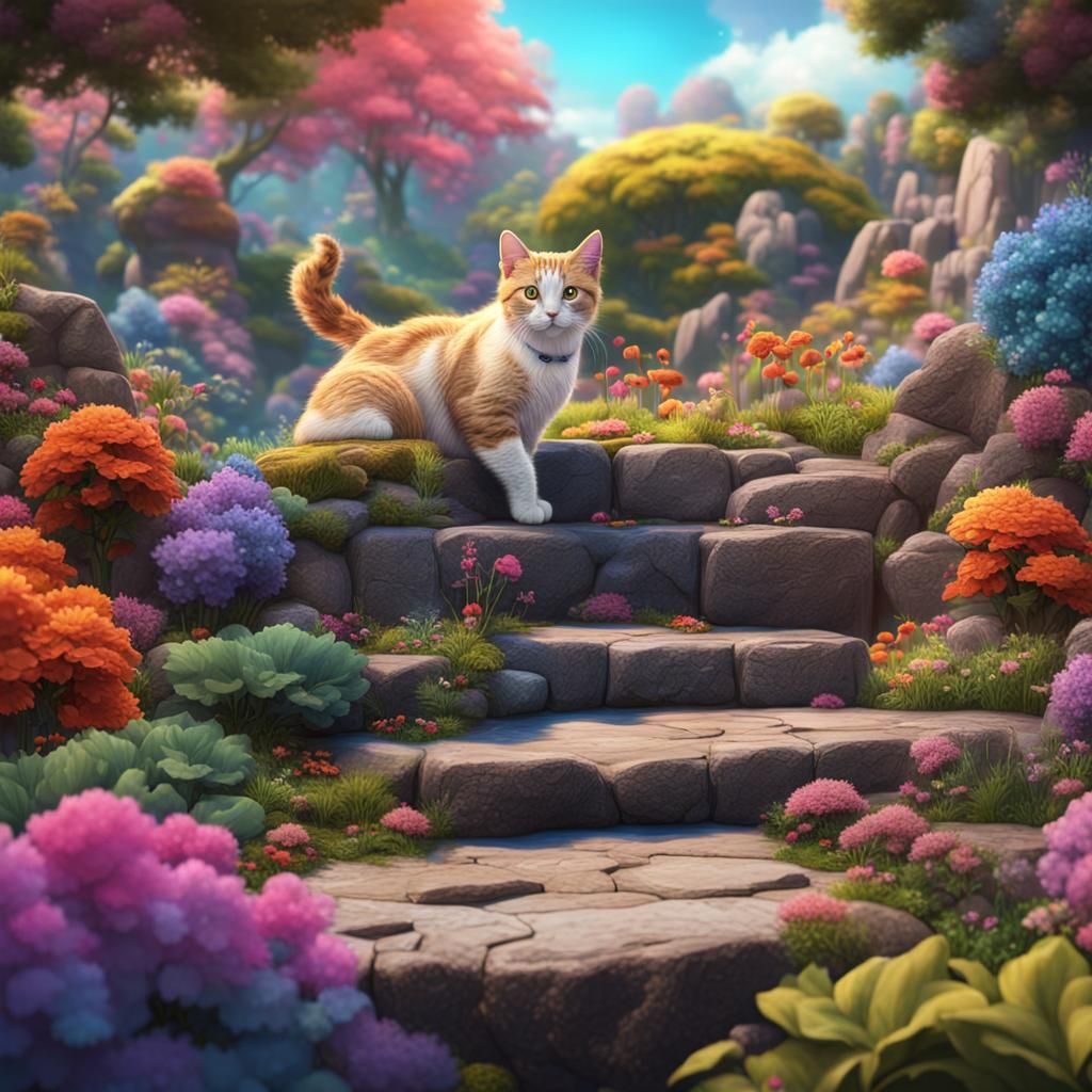 Cat on Colorful Rockery Garden: Fantasy Concept Art