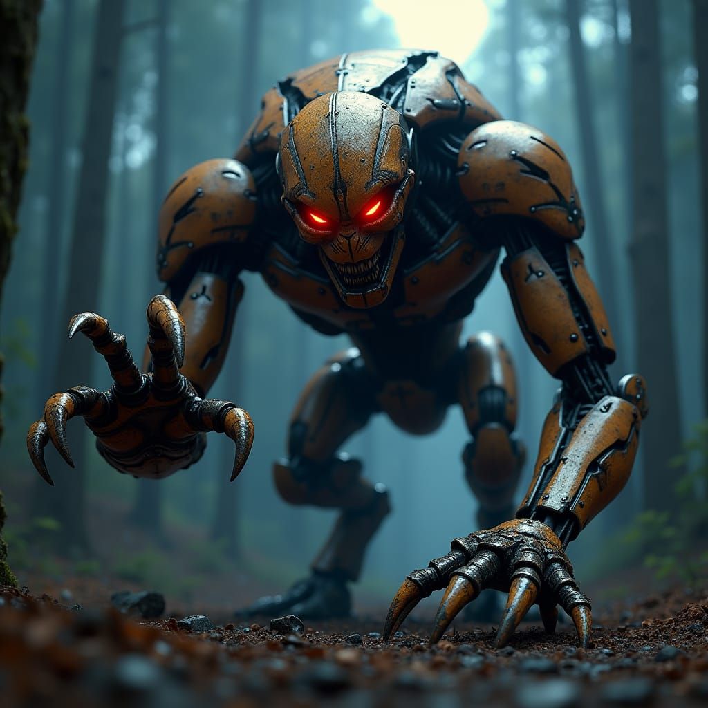 Colossal Robot Monster in Atmospheric Forest at Night