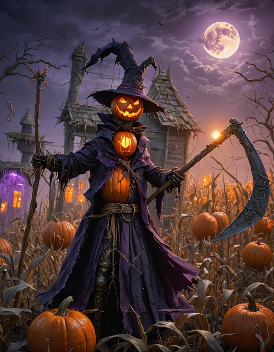Scary Scarecrow with Pumpkin Head in Moonlit Field