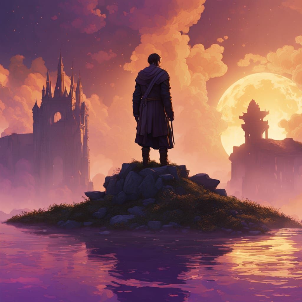 Floating Island Figure in Dark Fantasy Surrealism