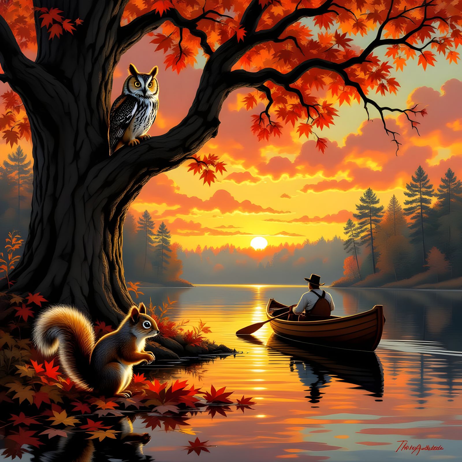 Picturesque Lake Scene at Sunset with Fisherman