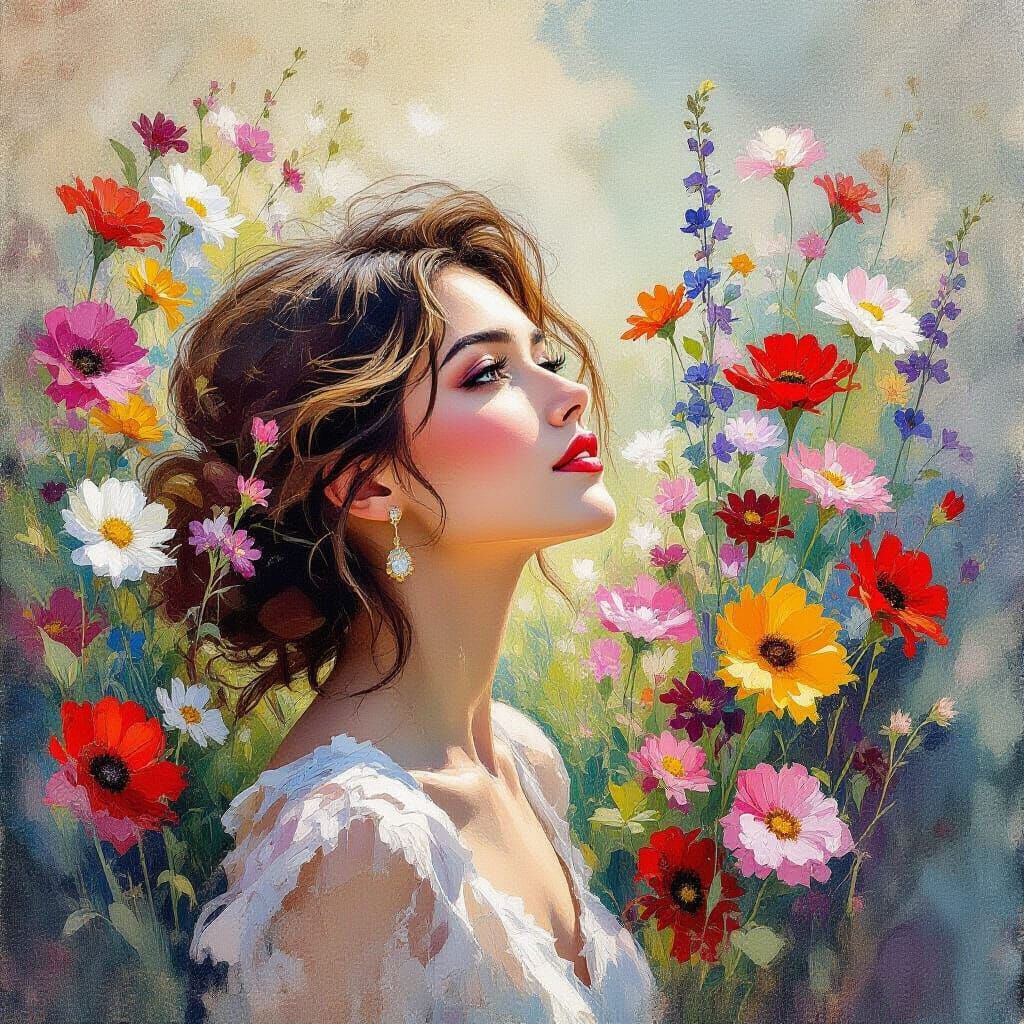 Impressionist Watercolor Portrait of a Woman Among Flowers