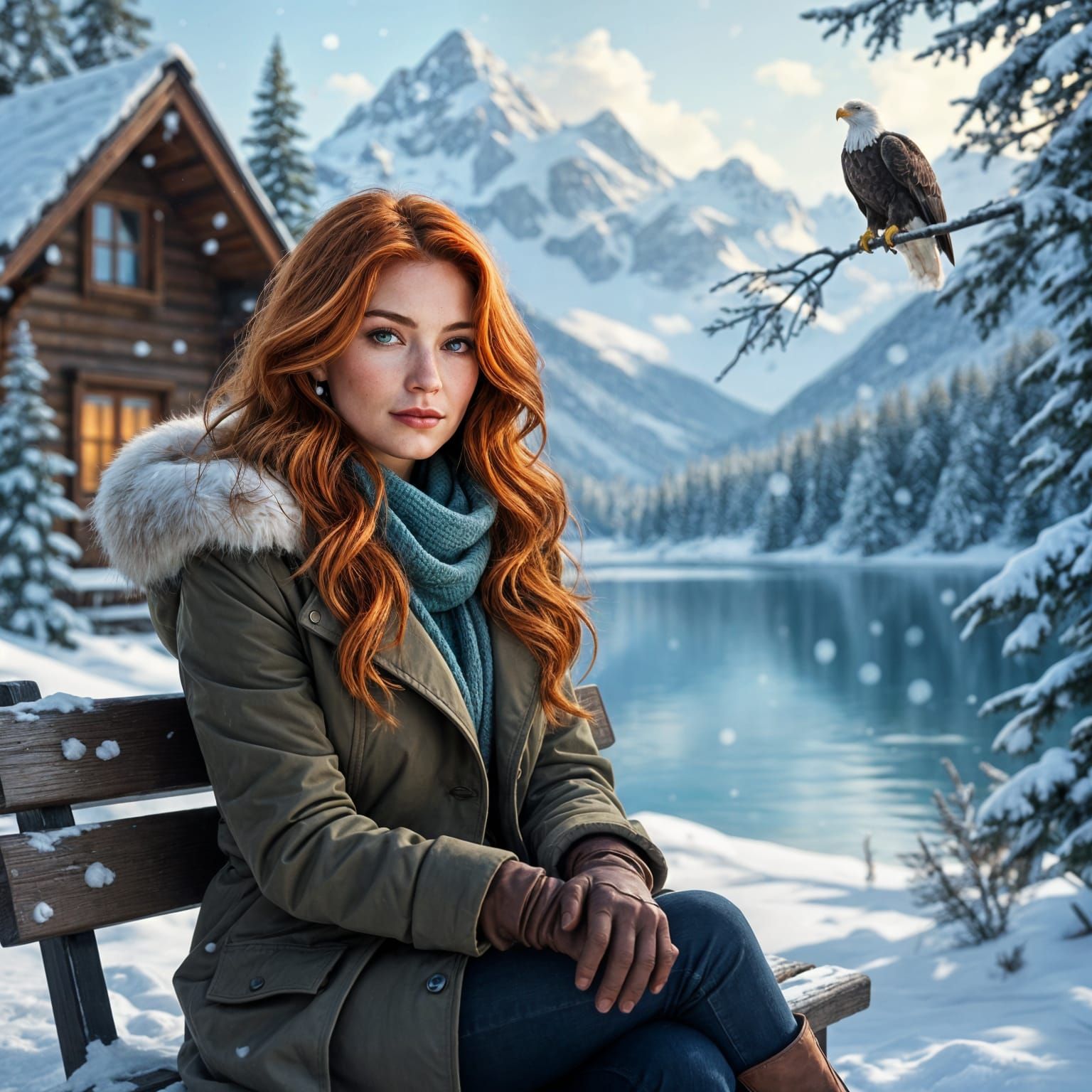 Redhead at Mountain Lake in Detailed Digital Illustration