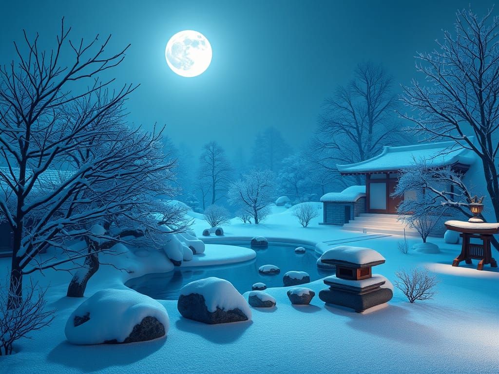 Moonlit Zen Garden in Winter, Hyperrealistic Rendering