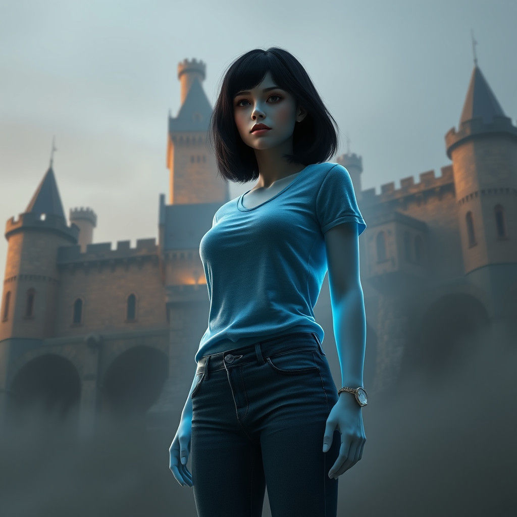 Ethereal Woman in Jeans Before Medieval Castle
