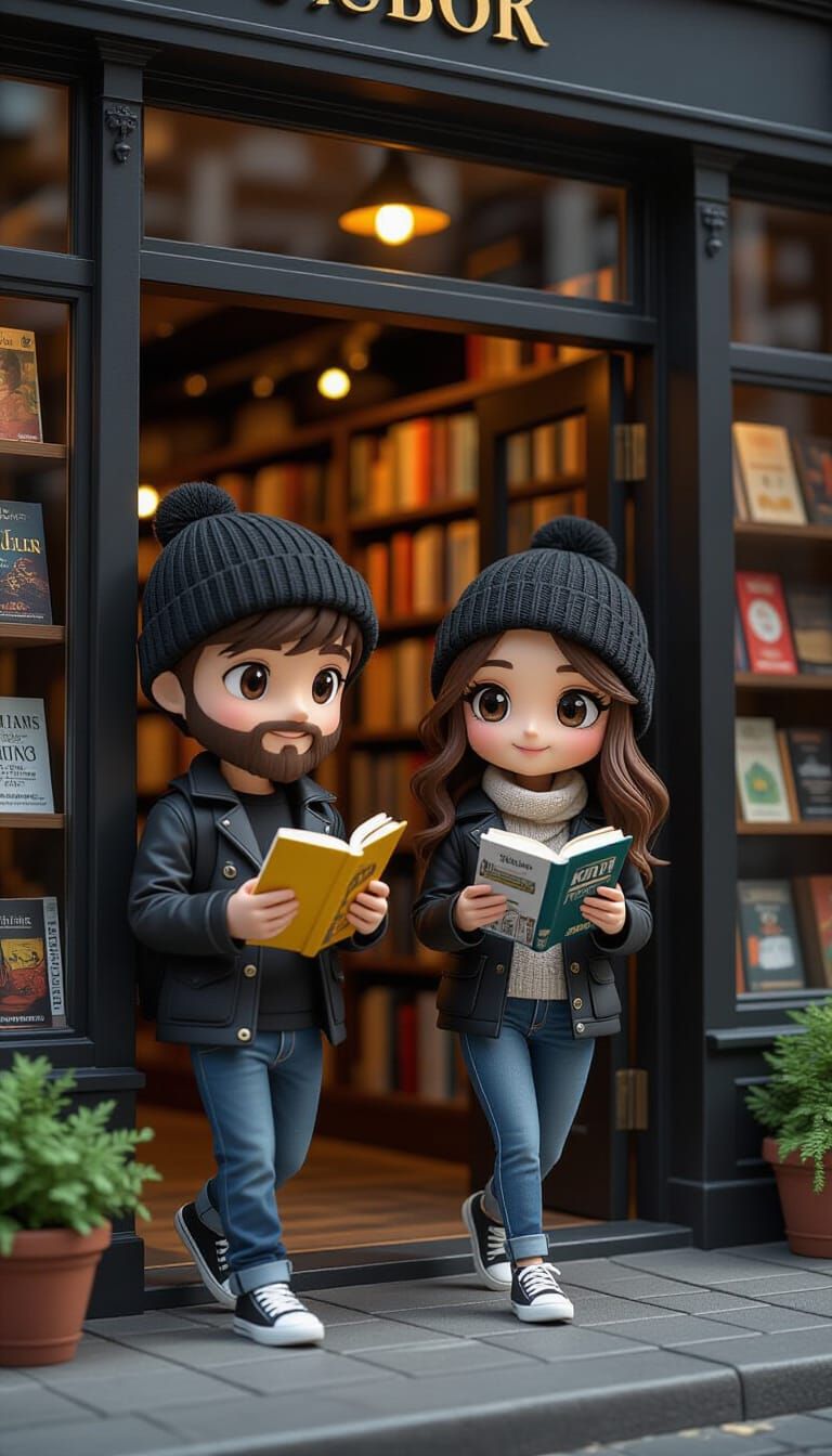 Trendy Bookstore Scene with Chibi Hipsters