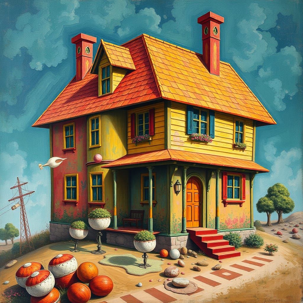 Surreal House in Arcimboldo-inspired Gouache Style