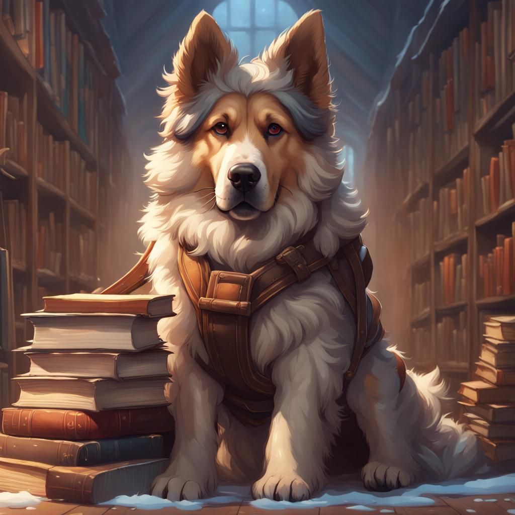 Fluffy Dog Pulling Books Sled: Hyperdetailed Portrait