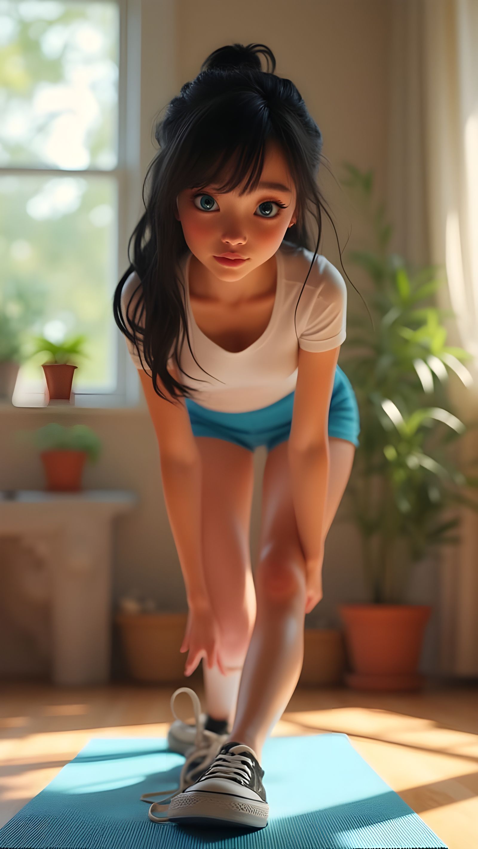 Athletic Woman Stretching in Pixar Animation Style