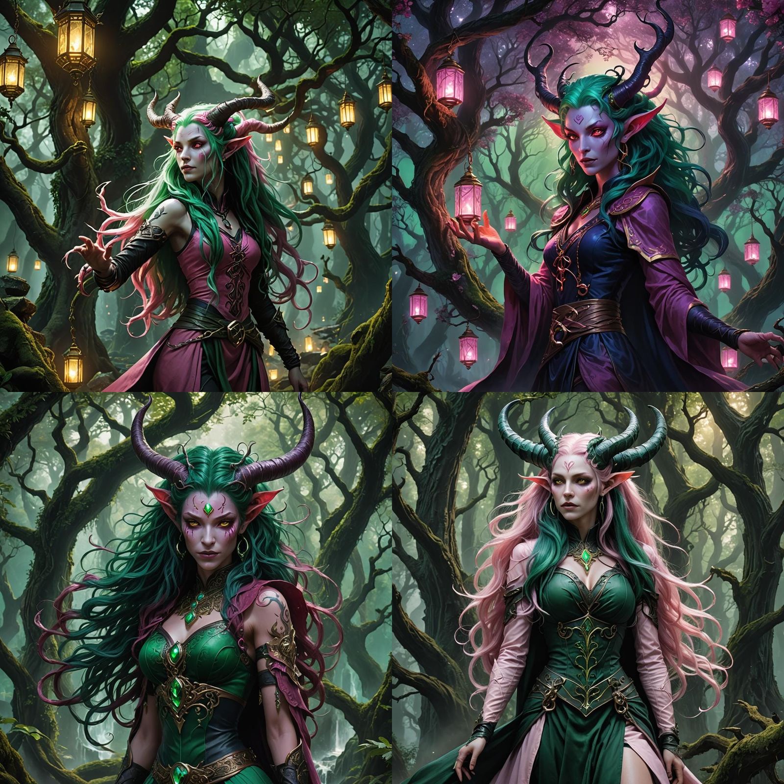 Pink Tiefling with Emerald Hair: Fantasy Concept Art