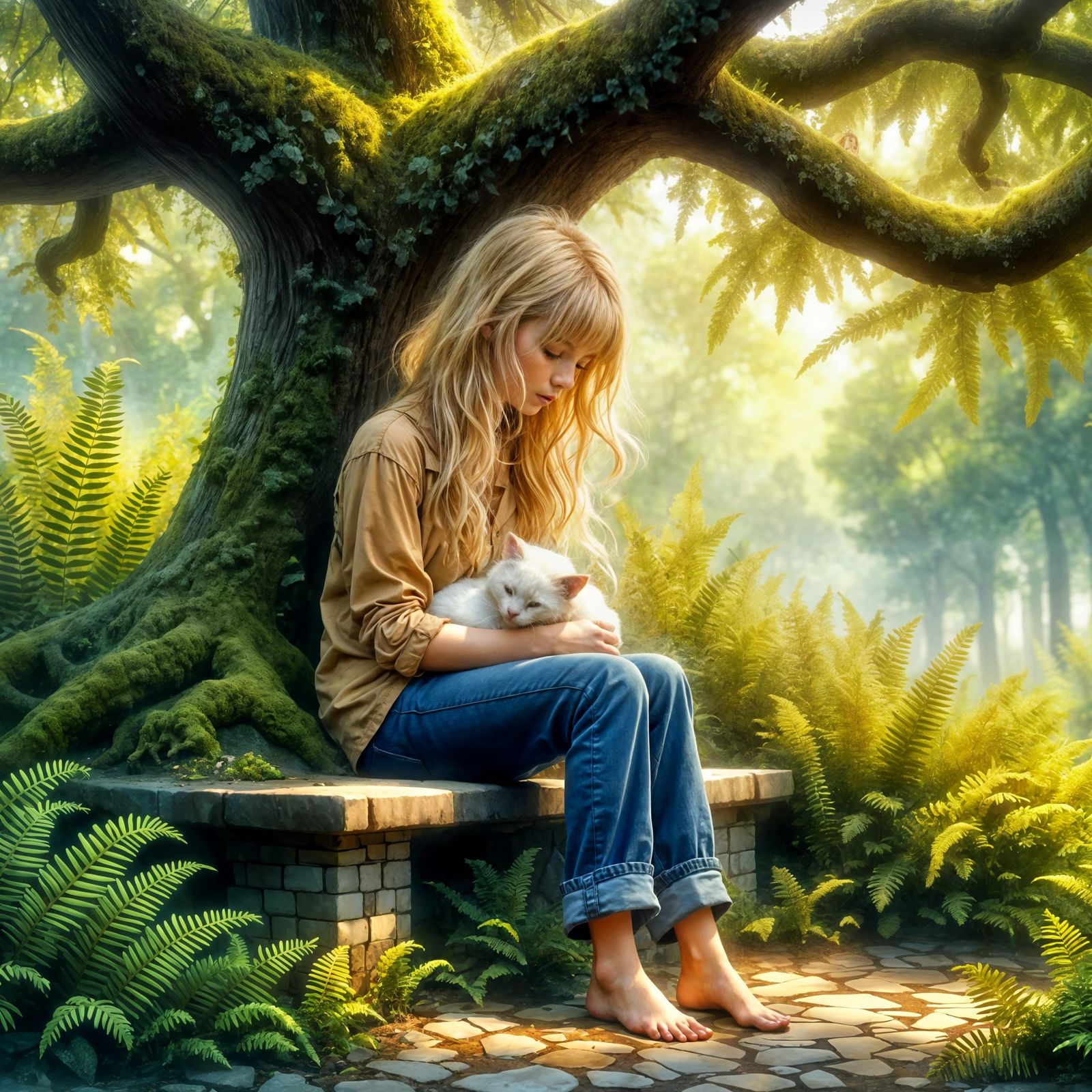 Girl with Cat, Dreamy Waterhouse-Inspired Style