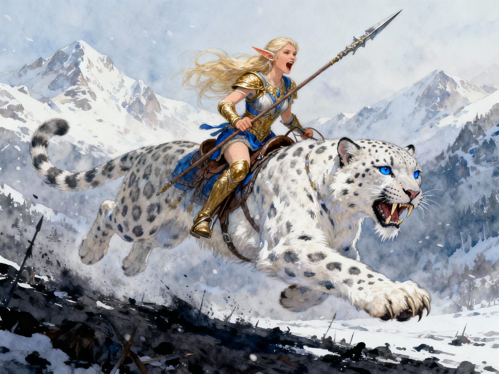 Snow Leopard Warrior in Winter Battlefield Watercolor