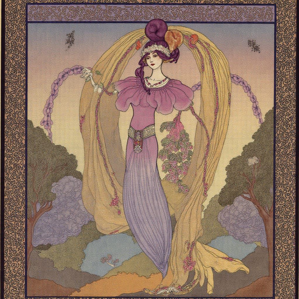 Art Nouveau Fairy Witch in Gold, Purple, and Pink Hues