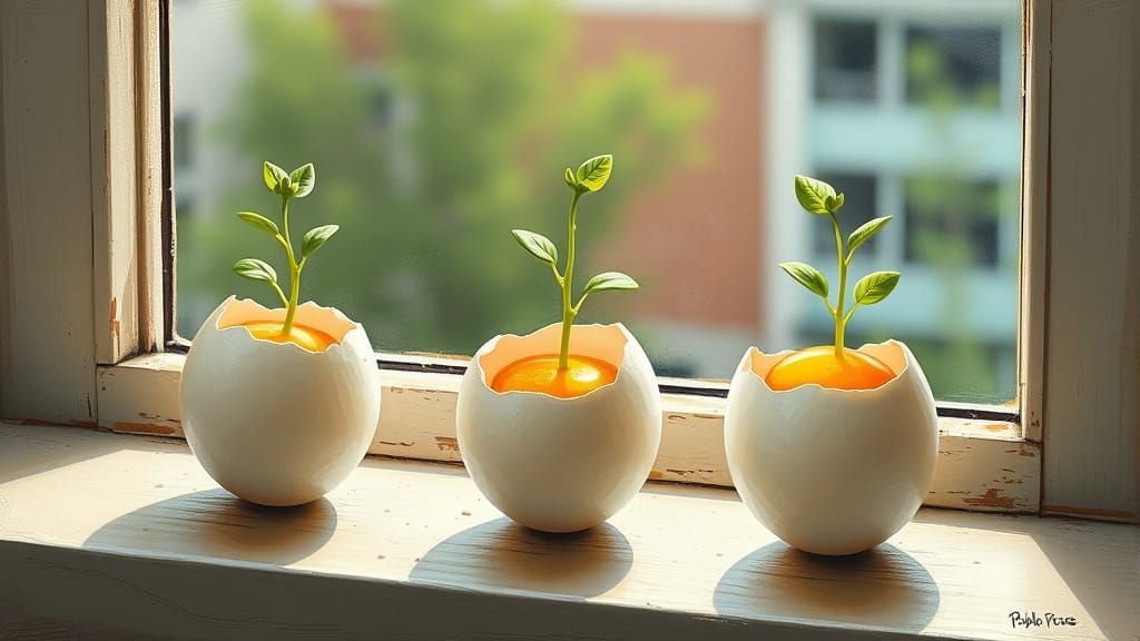 Eggs Sprouting Plants in Bold Retro Sci-Fi Style