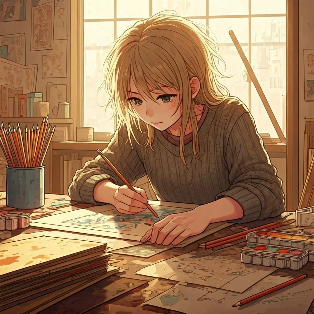 Woman Creating Art in Manga Anime Style