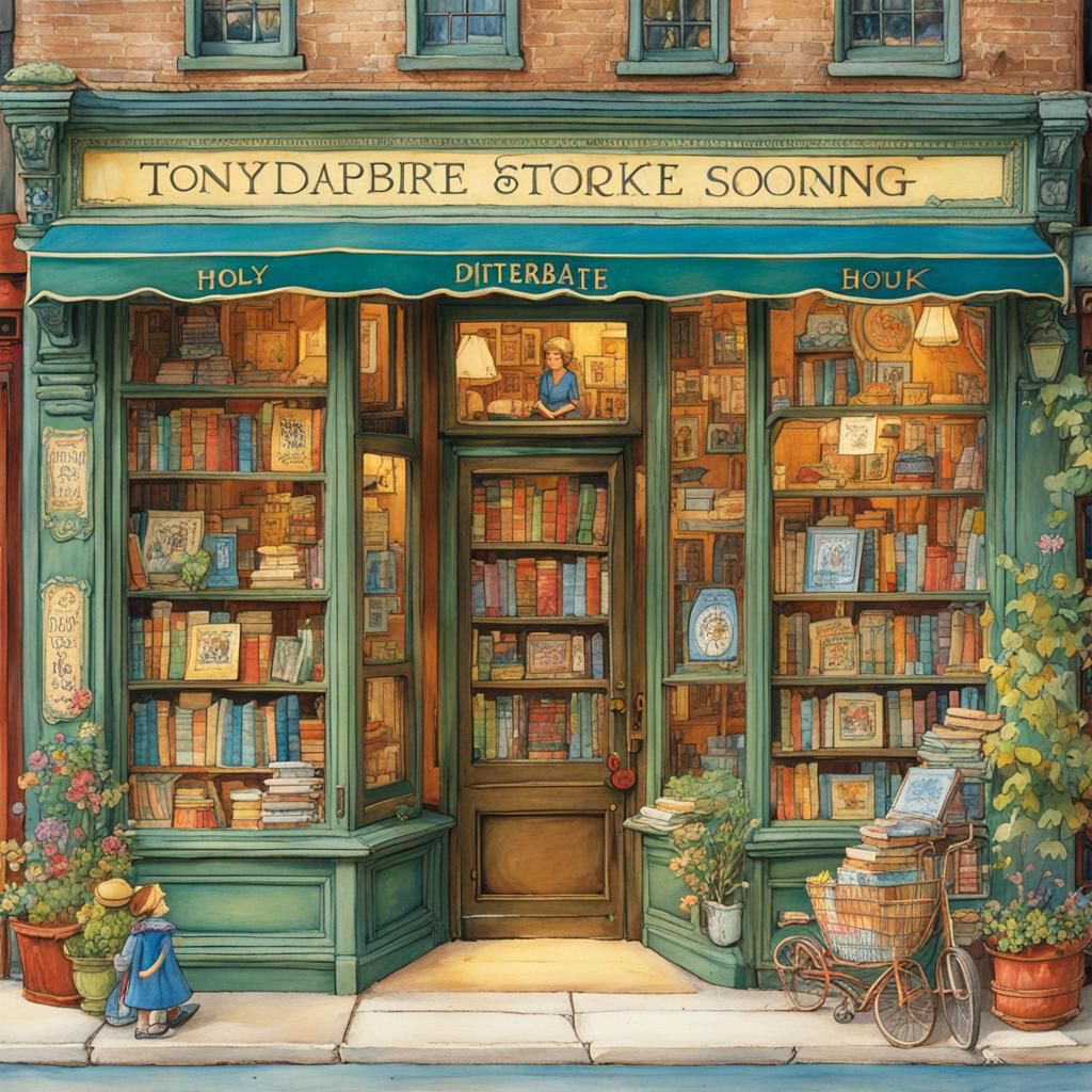 Whimsical Bookstore Scene in Colorful Style