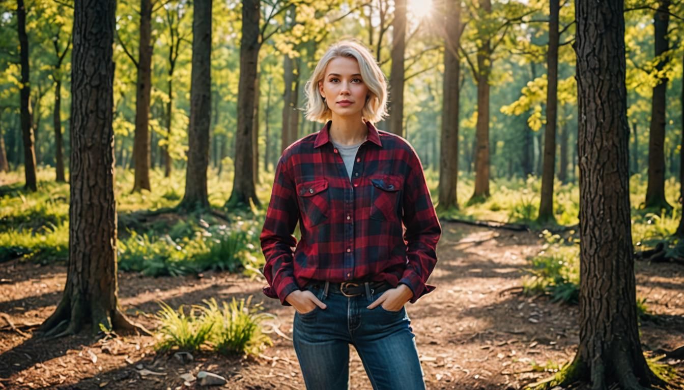 Woman in Red Flannel Shirt in Oak Forest