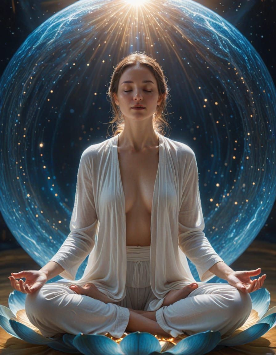 Ethereal Woman Meditating in Luminous Blue Sphere