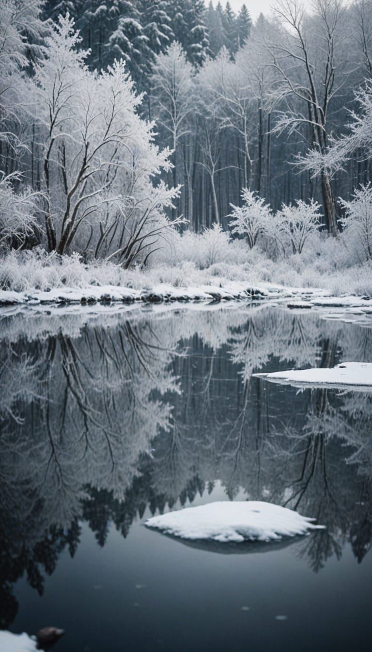 Realistic Winter Forest Landscape with Frozen Lake