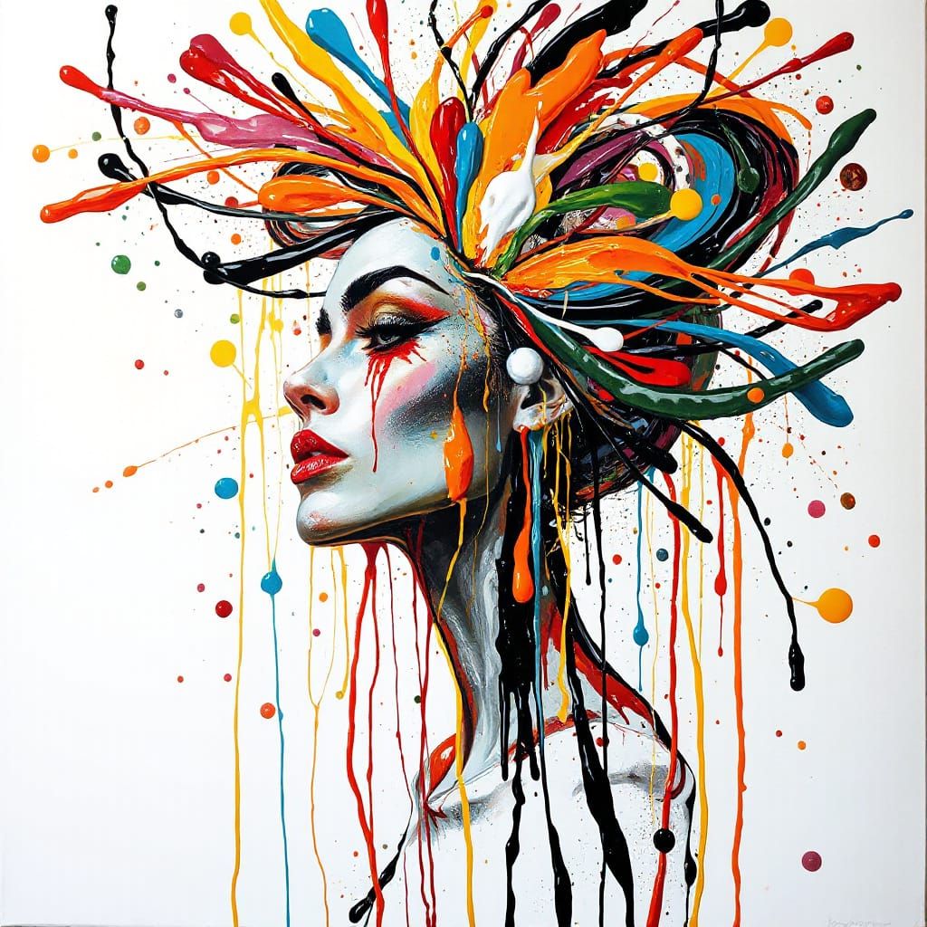 Abstract Woman Emerges from Dripping Paint in Vibrant Dance