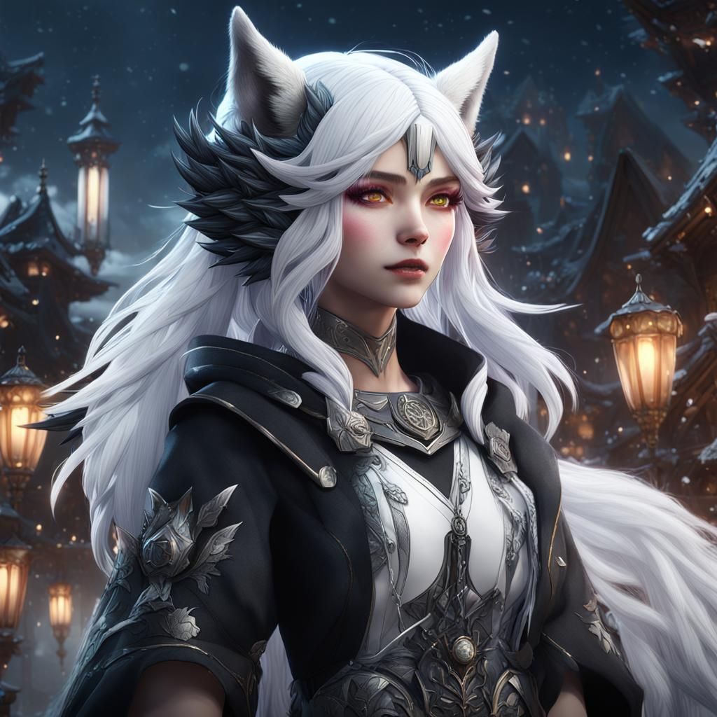 Anime Woman with Wolf Ears, Detailed Fantasy Art