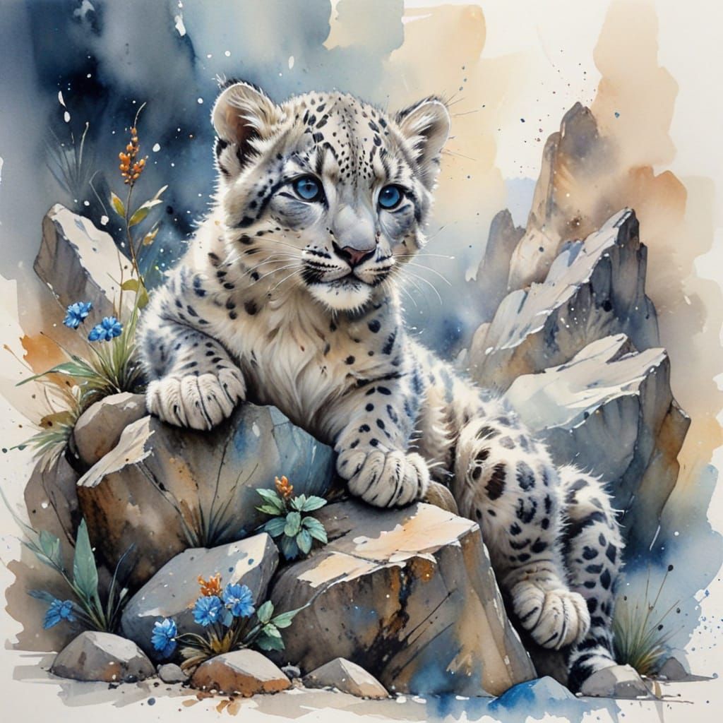 Adorable Snow Leopard Cub on Rocky Ledge