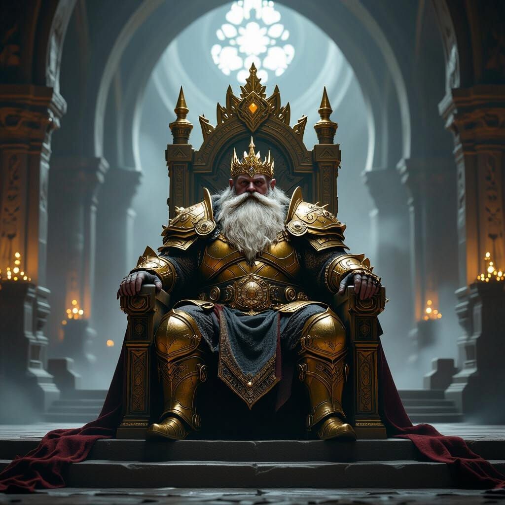 Majestic Dwarven King on Throne in Grand Hall