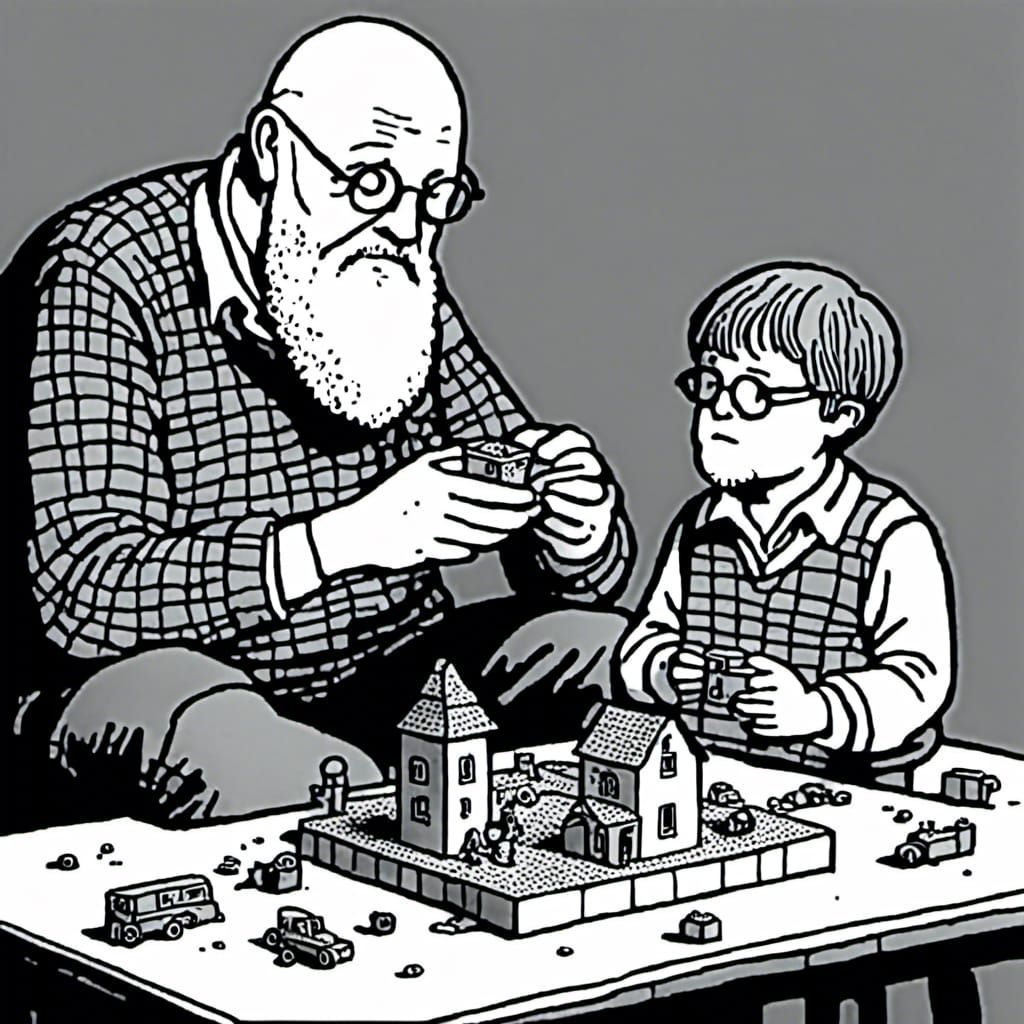 A grandfather playing Lego with his grandson