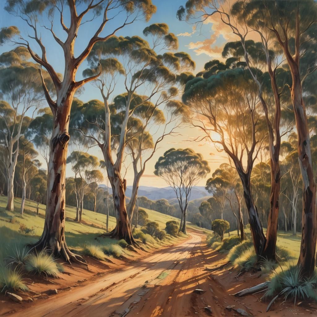 Australian Valley Landscape Painting in Warm Colors