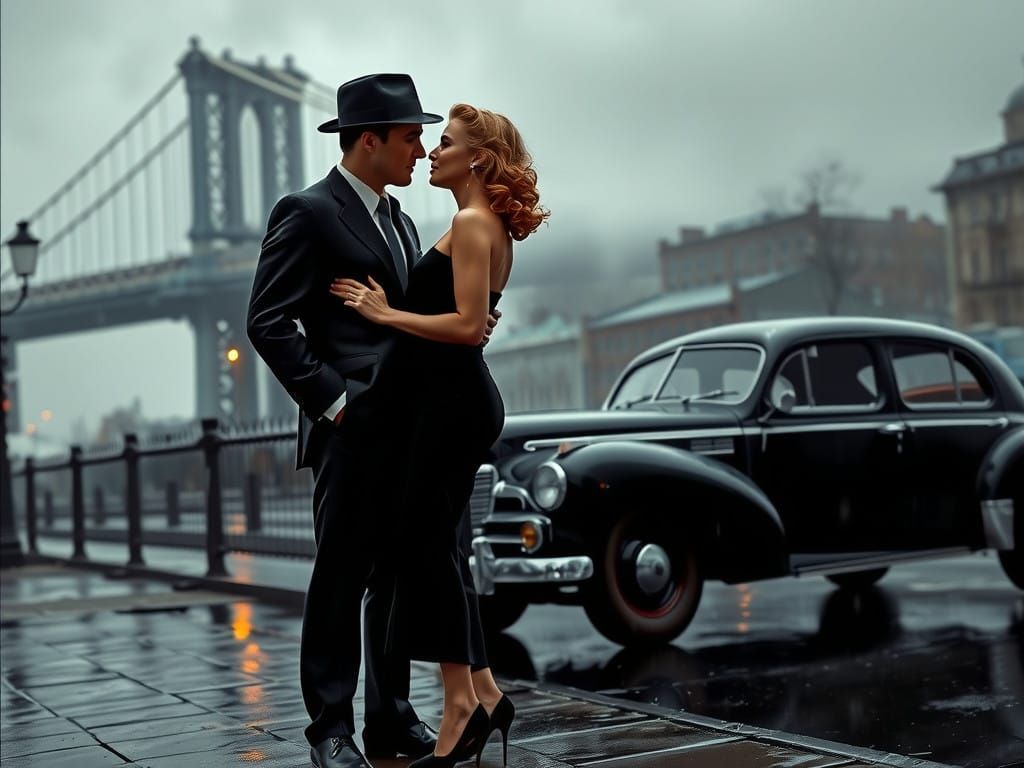 Sleek 1940s Couple Share Intimate Moment by Brooklyn Bridge