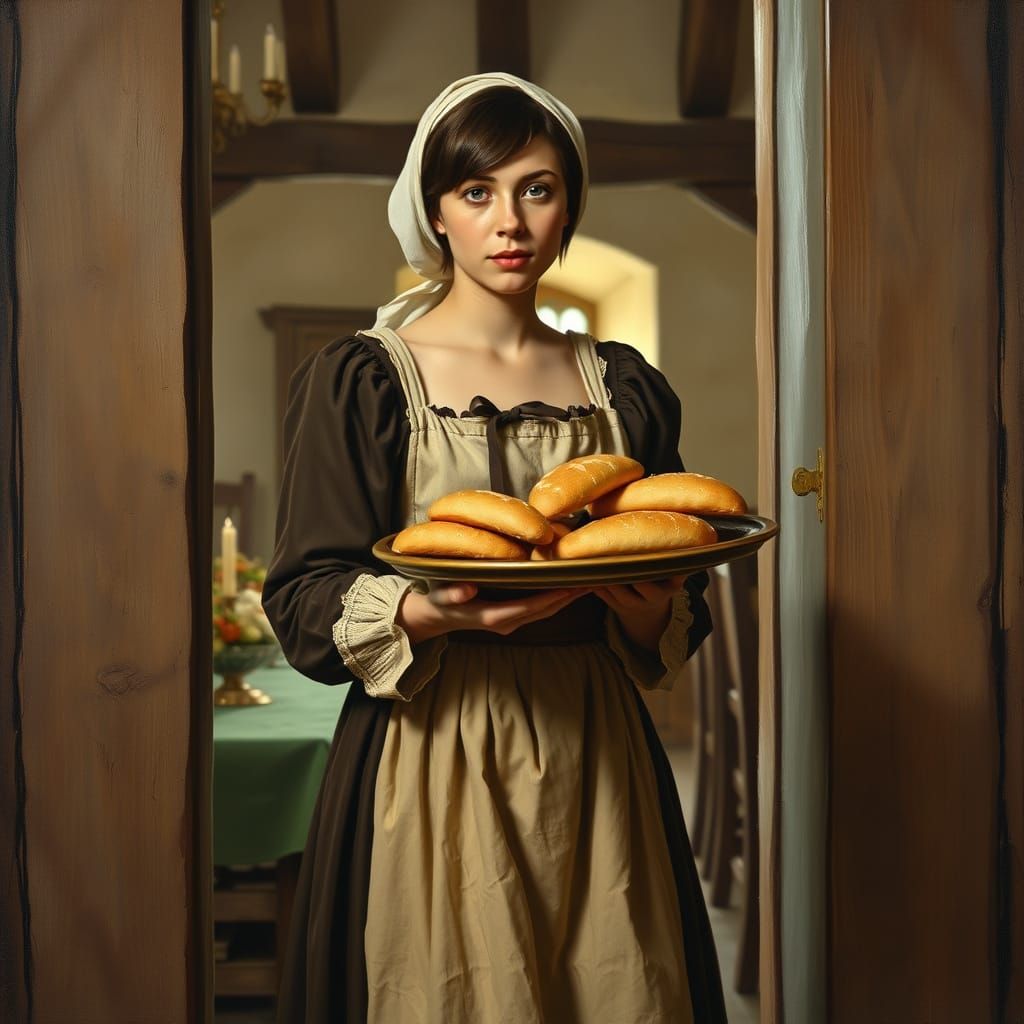 Young Woman in Medieval Peasant Attire, Holding Homemade Bre...