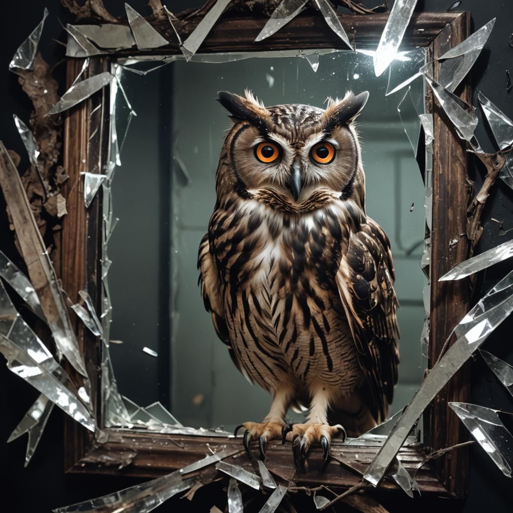 Cursed Owl in Broken Mirror: Dramatic Night Scene