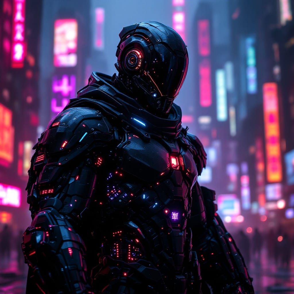 Cybernetic Warrior in Dystopian Metropolis