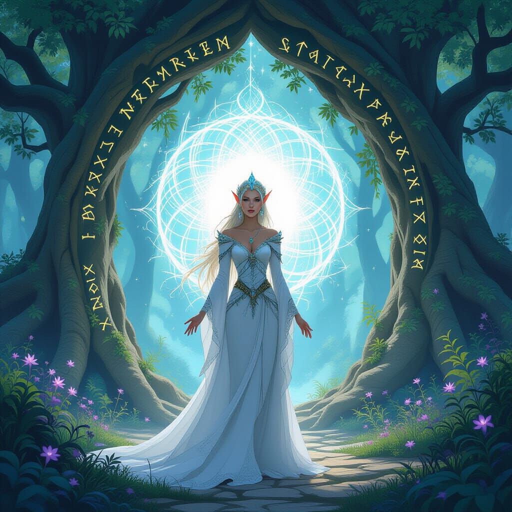 Ancient Elven Queen Before Enchanted Portal in Mystical Fore...