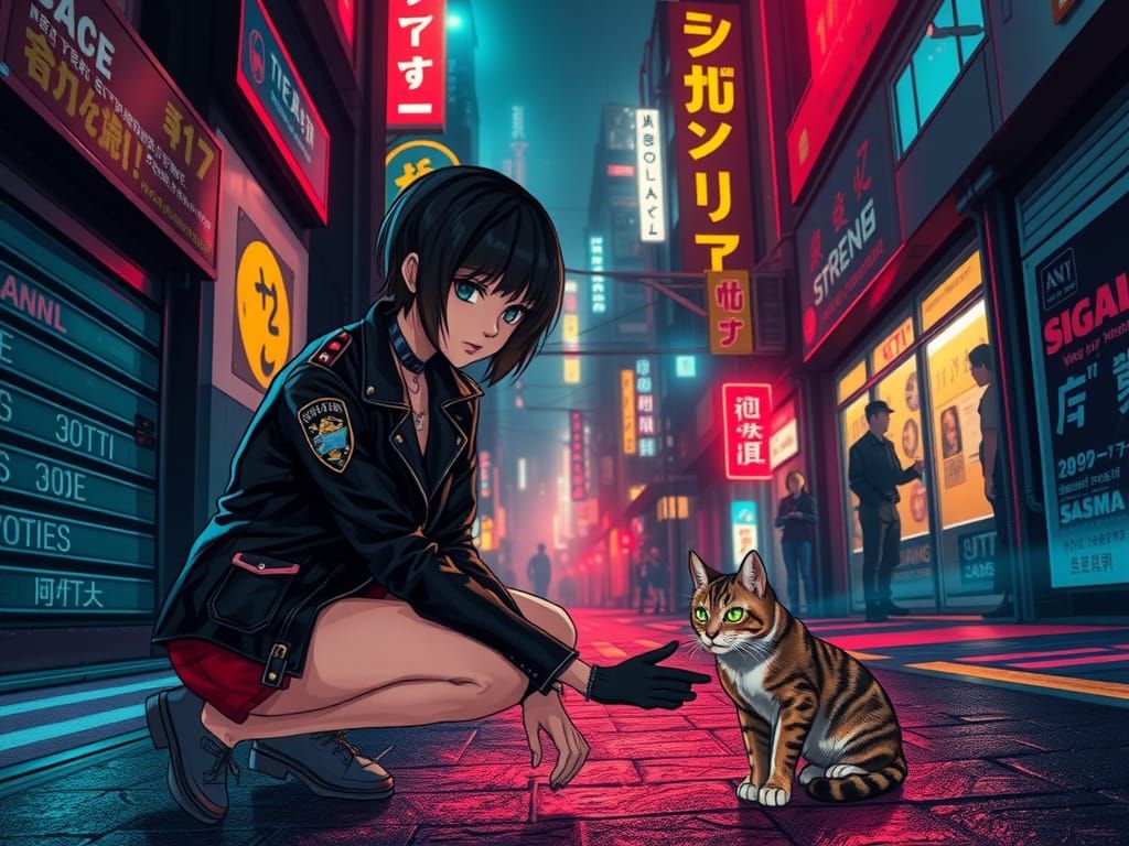 Cyberpunk Cop Petting Cat: Manga-Inspired 2D Illustration