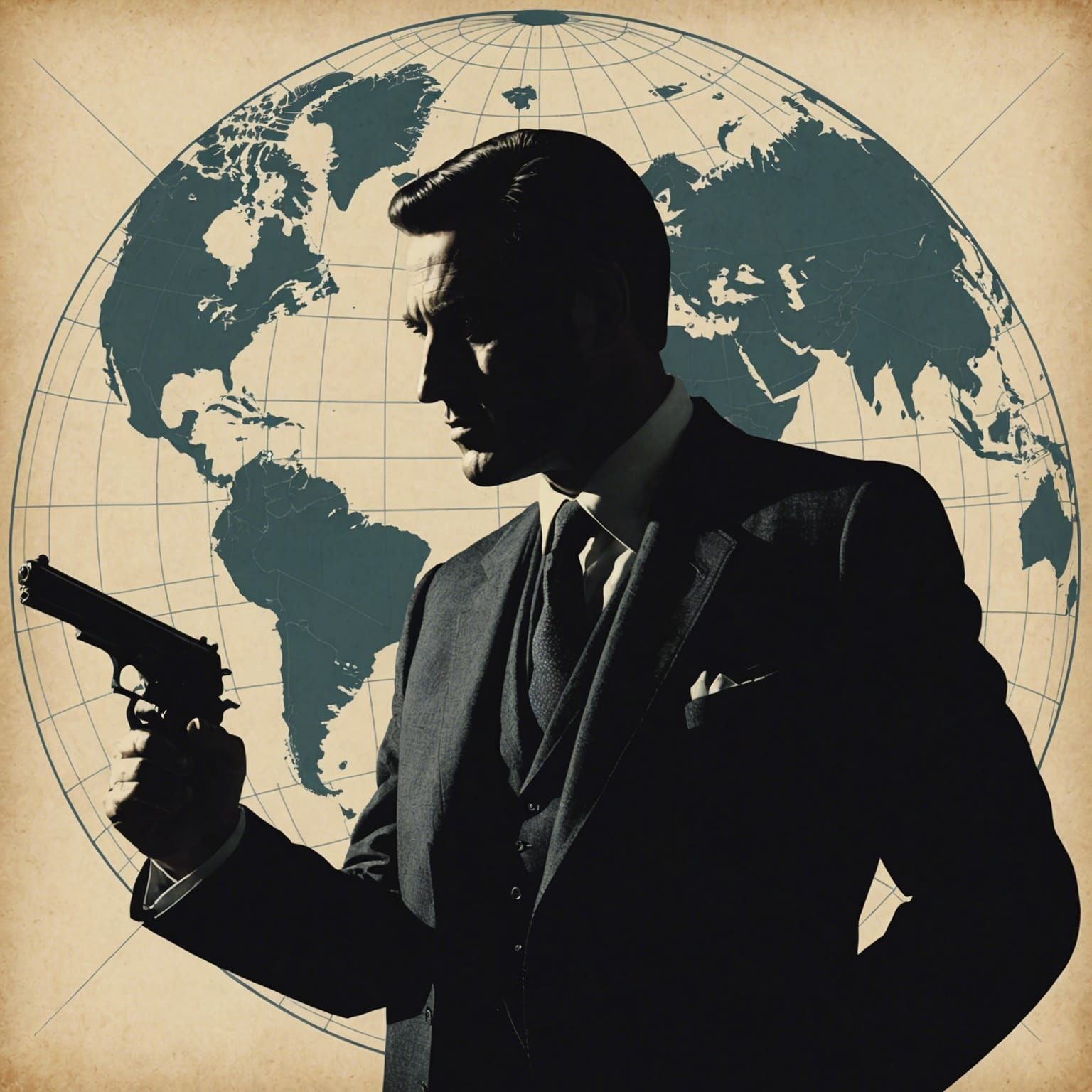Silhouetted Spy Globe with Pistol