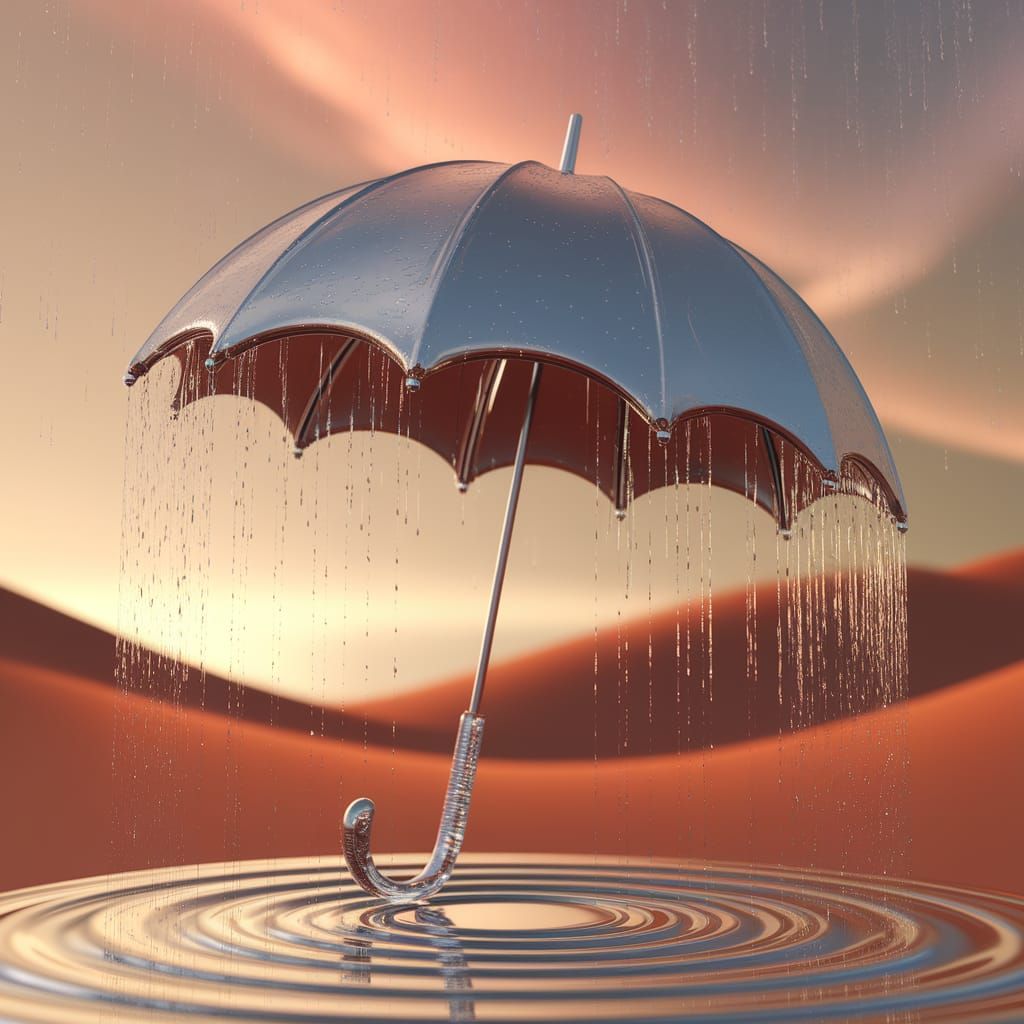Mercury Umbrella Surreal Desert Landscape 3D Render