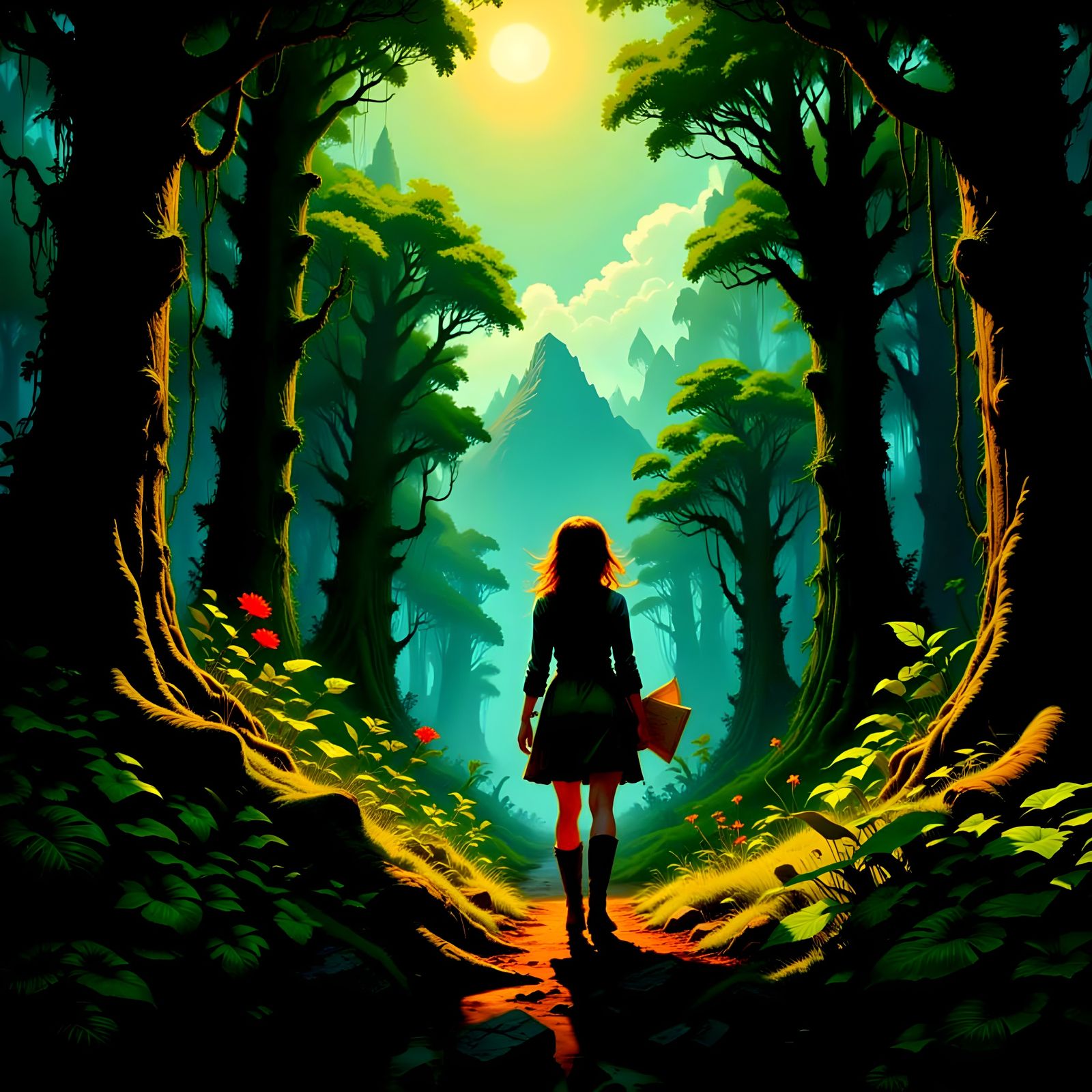 Adventurer Gazes at Ancient Forest in Vintage Style