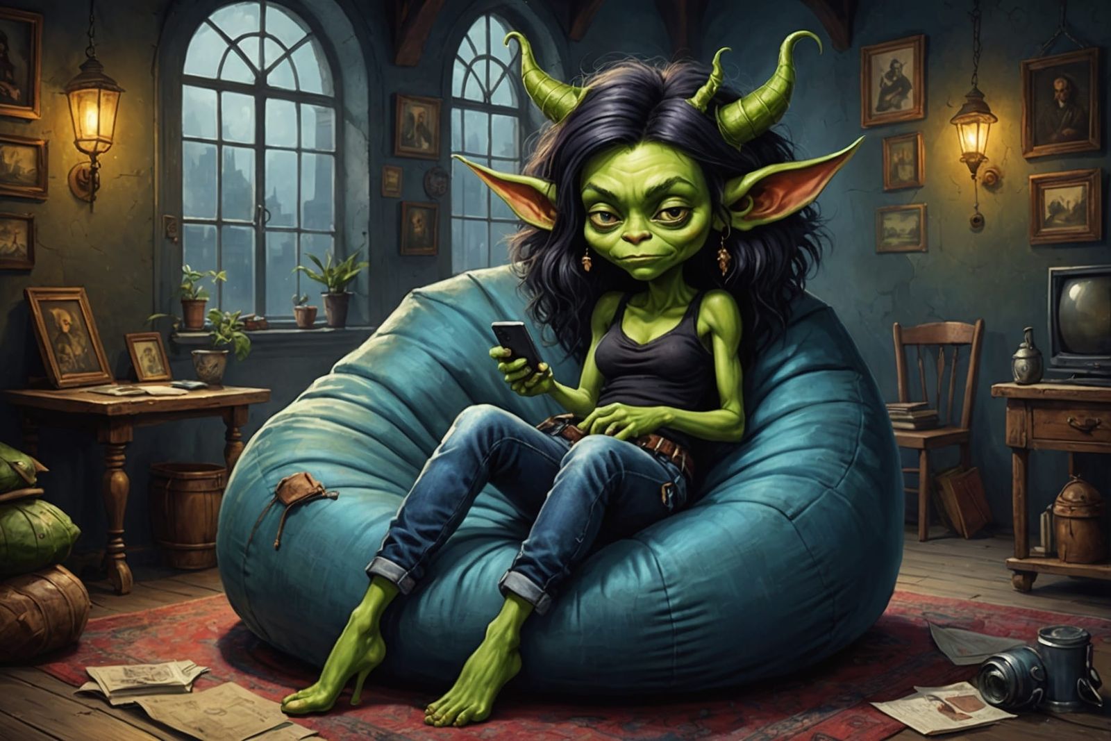 Goblin Girl Lounging: Gravure-Style Illustration