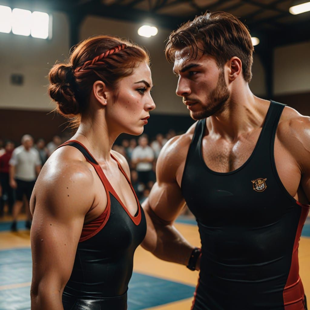 Female Wrestler Pins Opponent in University Gymnasium