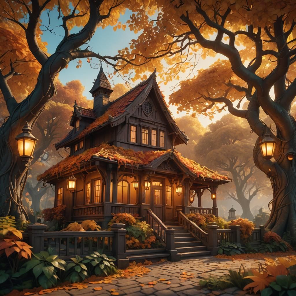 Whimsical Autumn Bungalow in Fantasy Landscape