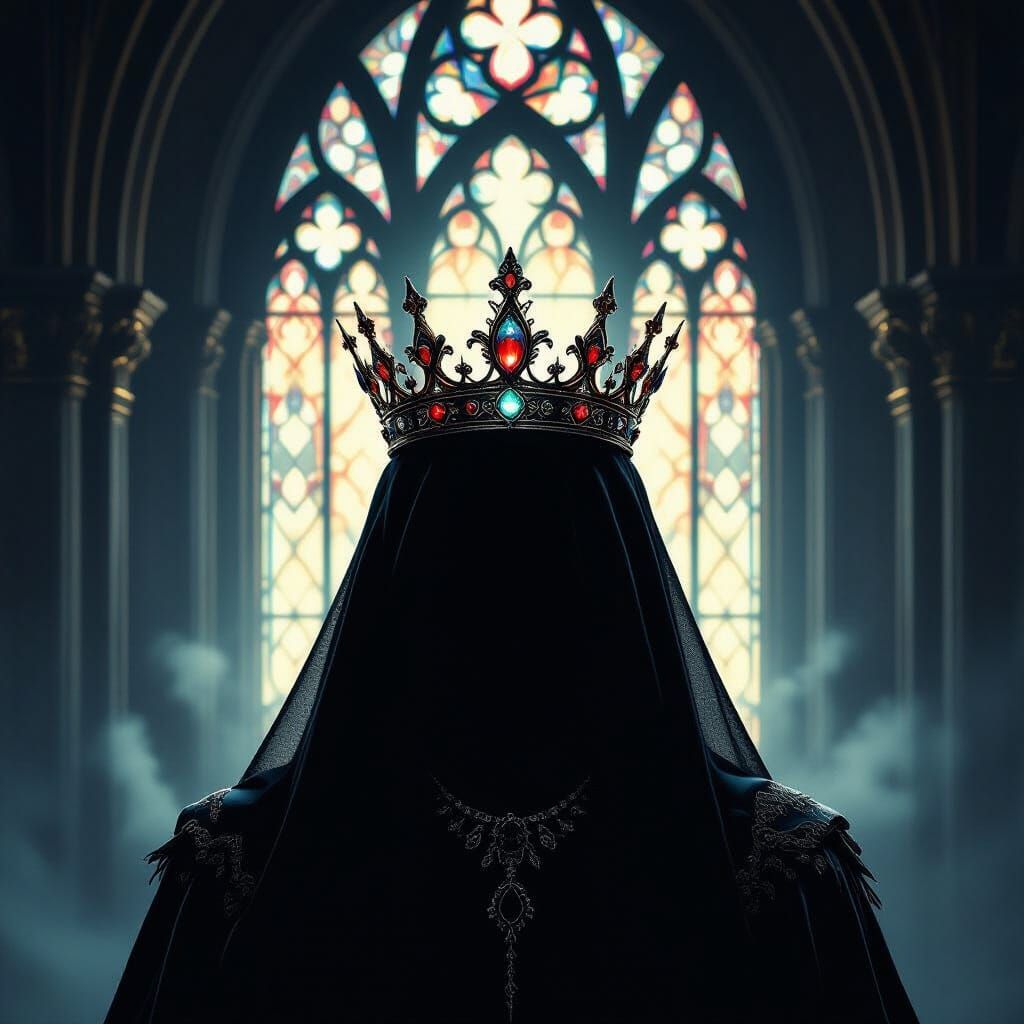 Shadowed Queen with Pulsing Crown in Gothic Cathedral