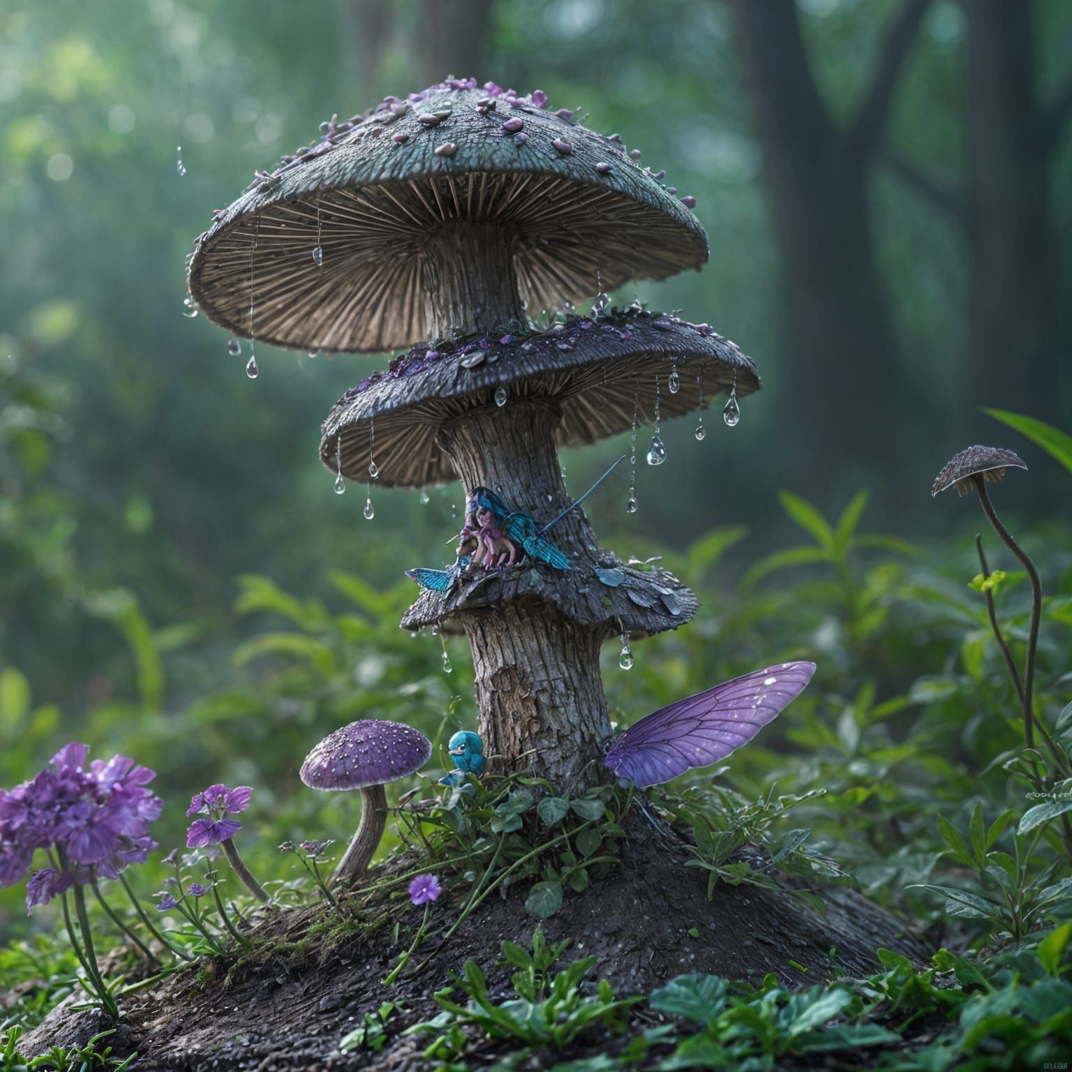 Macro photography of a tiny fairy, with turquoise and purple...