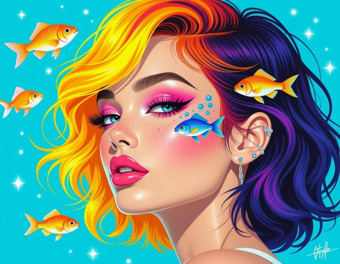 Vibrant Surrealist Portrait with Neon Hair and Fish