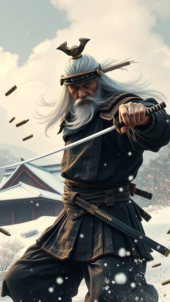 Elderly Samurai Defies Gravity with Katana in Mid-Air