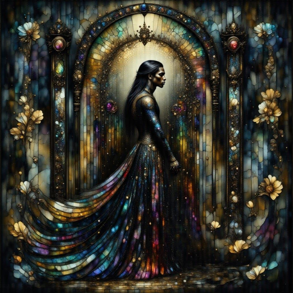 Goth Man in Rococo Gown Under Starry Night