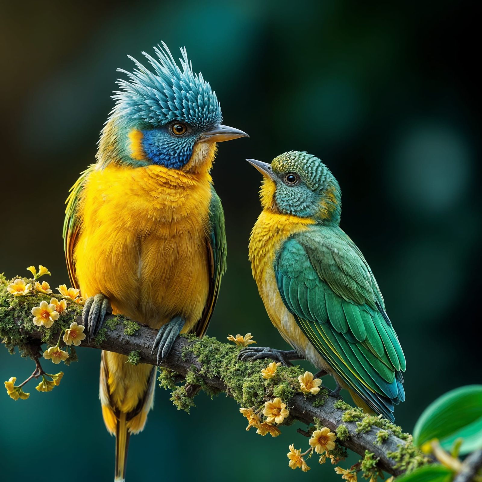 Vibrant Tropical Bird Perched on a Moss-Covered Branch