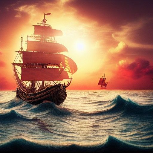 Pirate Ship Sails Rose Sea at Sunset