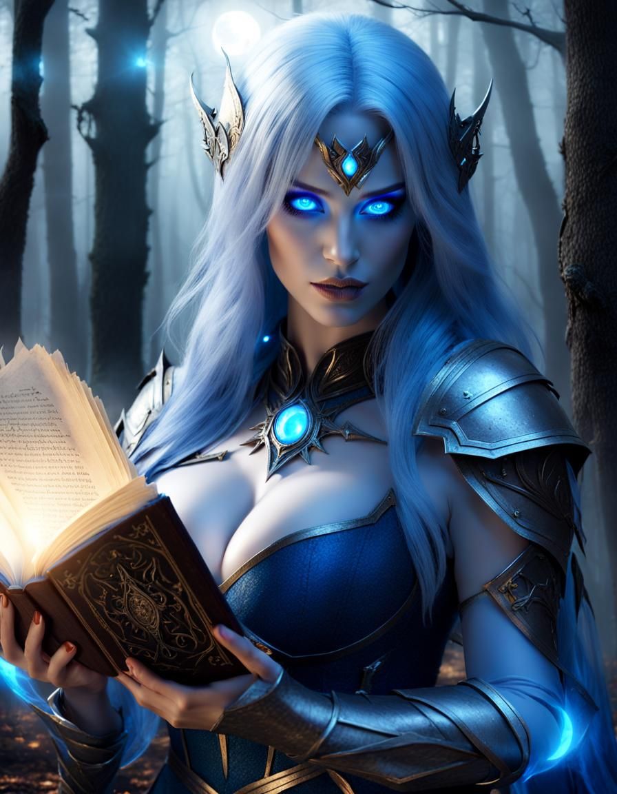 Dark Elf Witch Reading Glowing Book in Forest