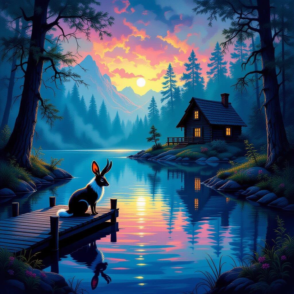 Surreal Jackalope on Dock in Technicolor Woodland